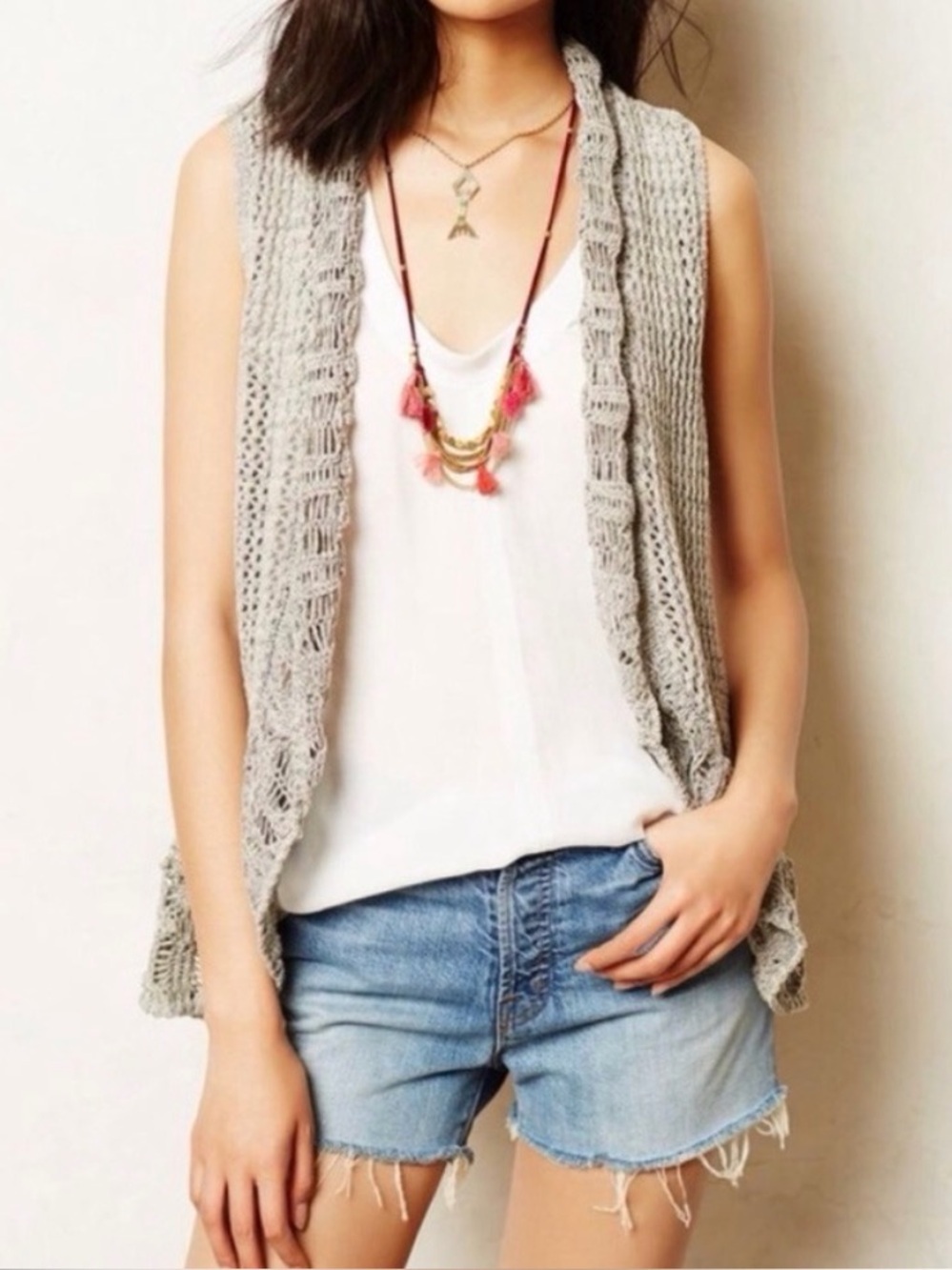 Anthropologie Angel of the North Grey Crochet Vest SZ M